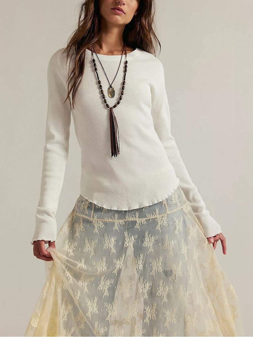 We The Free White Easy Does It Long-Sleeve Waffle Knit Top